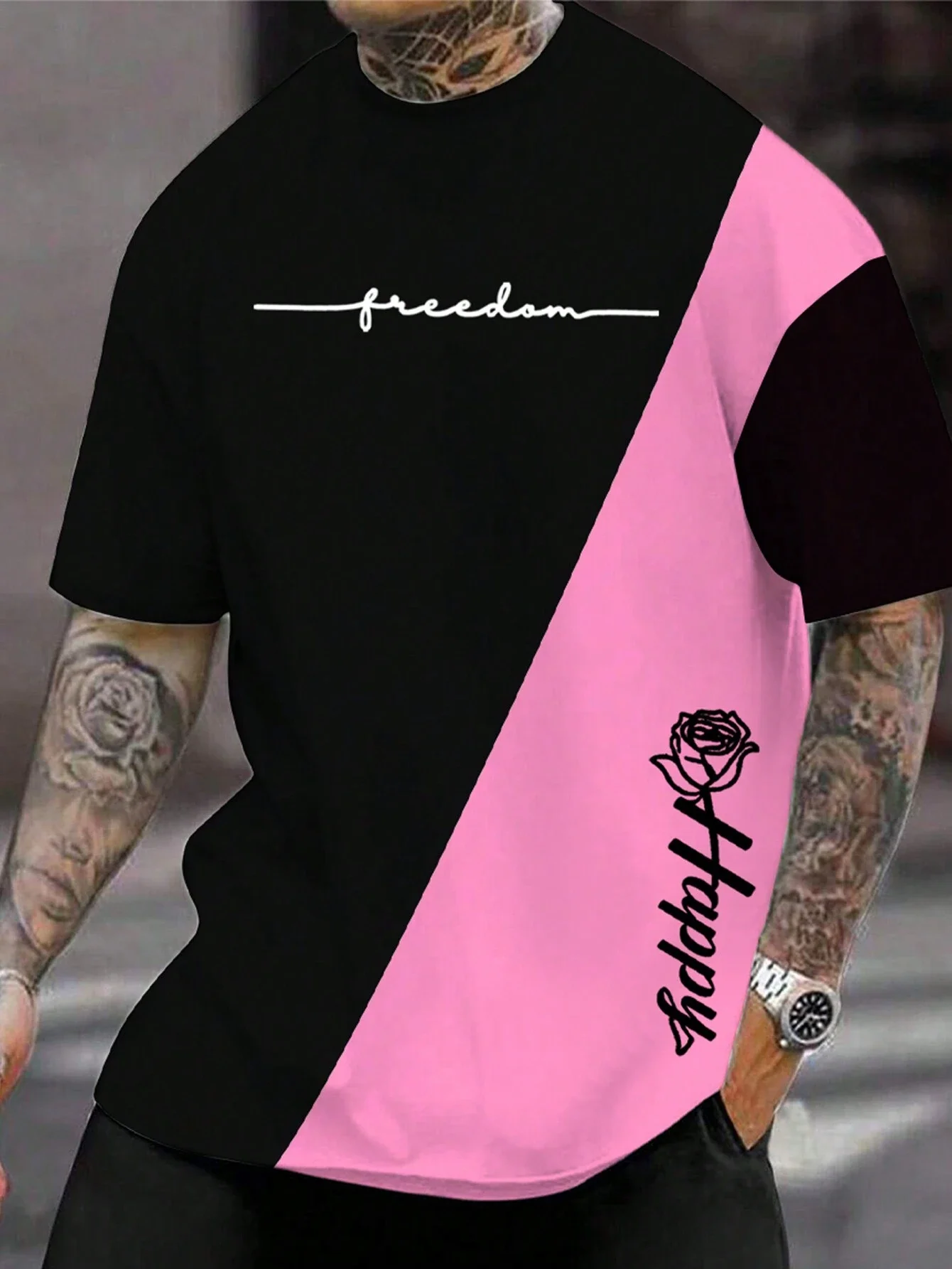 Summer Men' Letter & Rose Color Block Graphics Print Tshirt Short Sleeved T-Shirt For Men Harajuku Tees Crew Neck Casual T-shirt