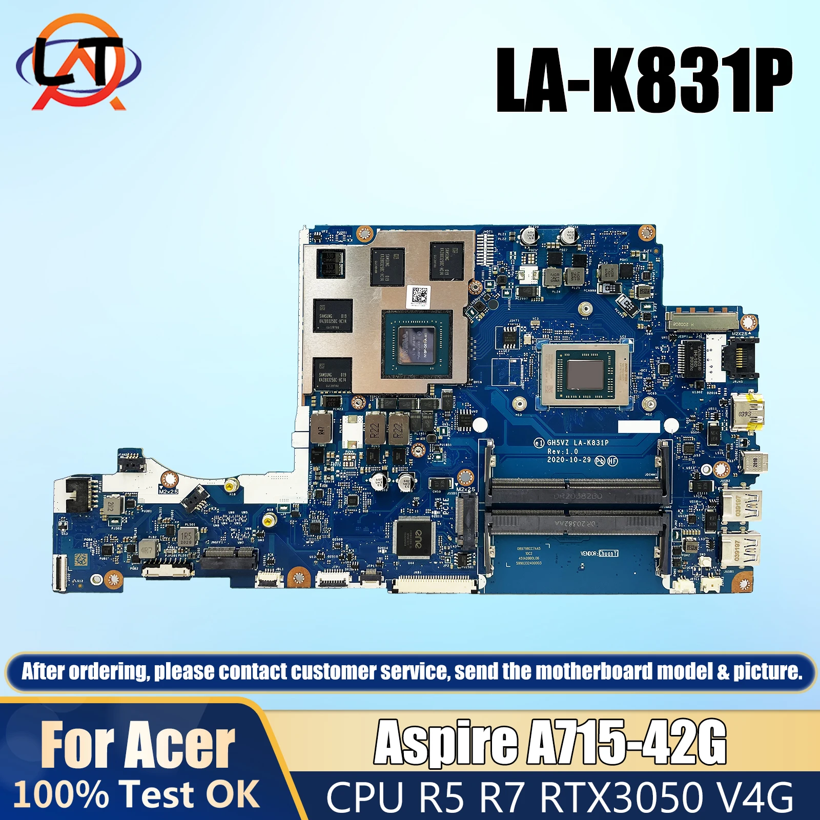 

LA-K831P For Acer Aspire 7 A715-42G Laptop Motherboard with R5-5500U R7-5700U CPU RTX3050 V4G 100% Teste