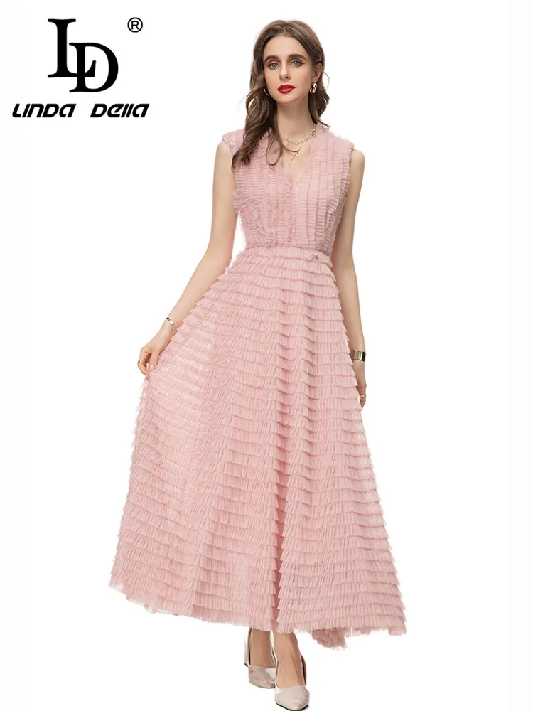 

LD LINDA DELLA Summer Vintage Designer Dress Women's Pink Sleeveless Splice High waist Cascading Ruffle party Long Dress