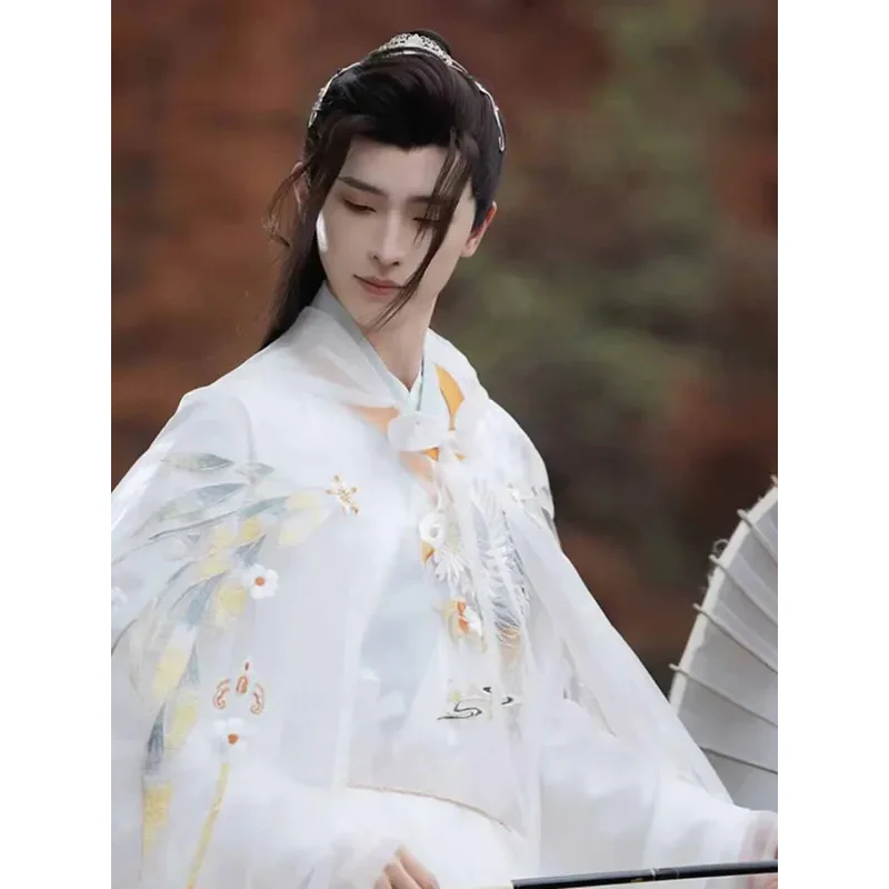 زي هانفو للرجال ثوب مطرز باللون الأبيض النسر عباءة للجنسين من سلالة مينغ الصينية برقبة دائرية رداء الأمراء النبيلة أزياء تنكرية