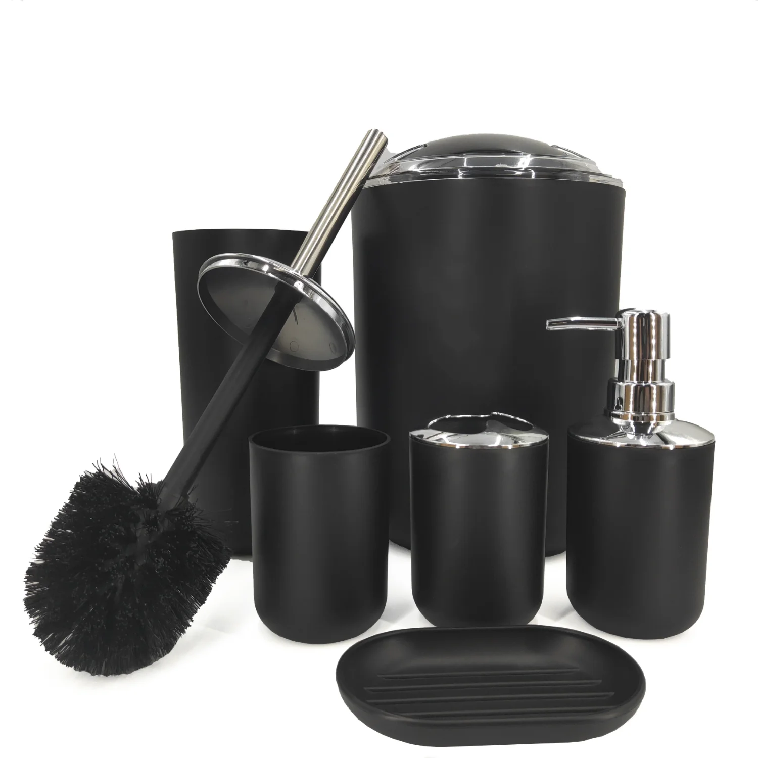 Simple Bathroom Accessory Set, Includes Trash Can, Toilet Brush, Lotion Dispenser, Soap Dish, Mouthwash Cup And Toothbrush Holde