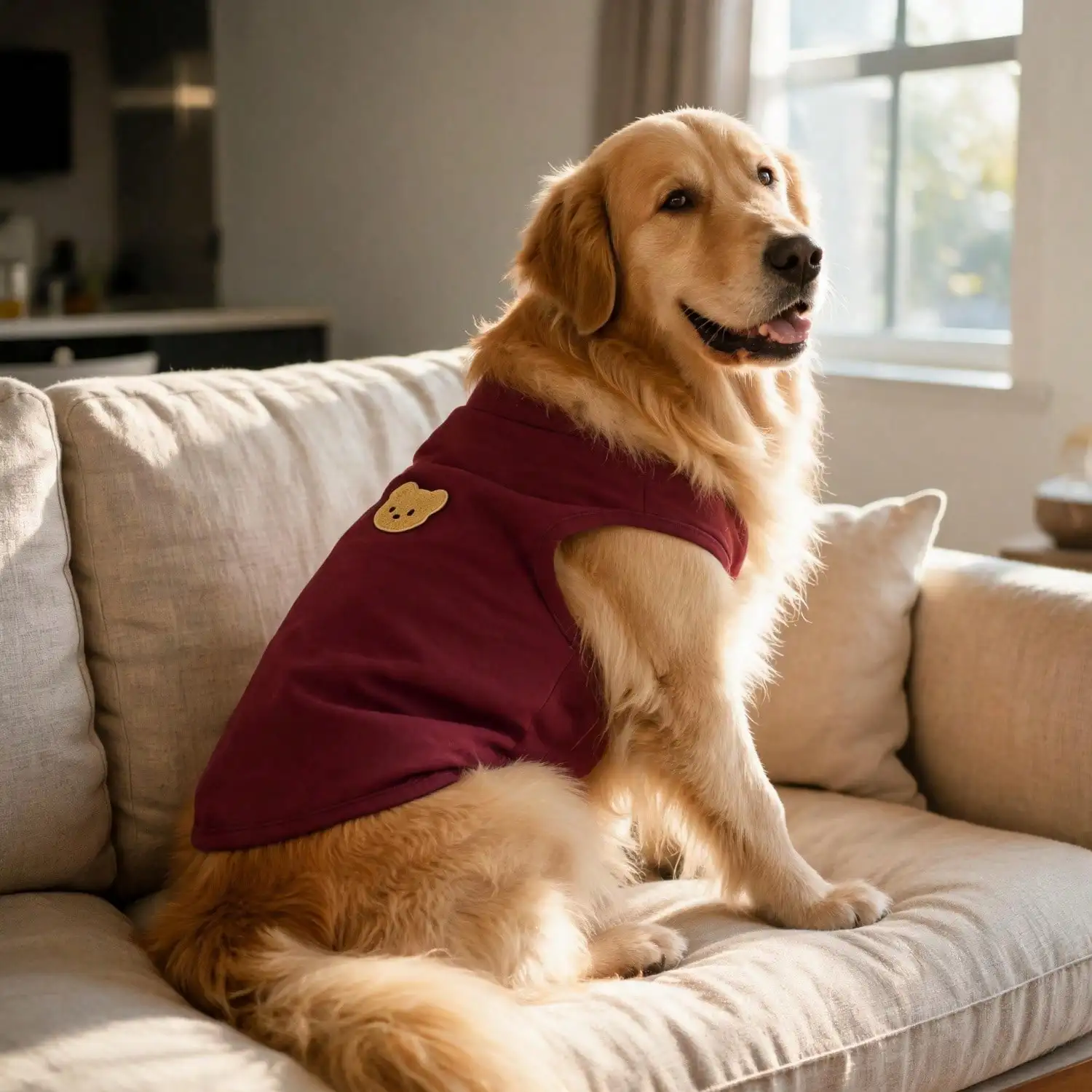 Ärmelloses Rollkragen-Hundeweste für große Hunde, weiche Strickkleidung für Haustiere mit niedlichem Bären-Applikationsaufnäher, warmes Hausoutfit – Detail 3