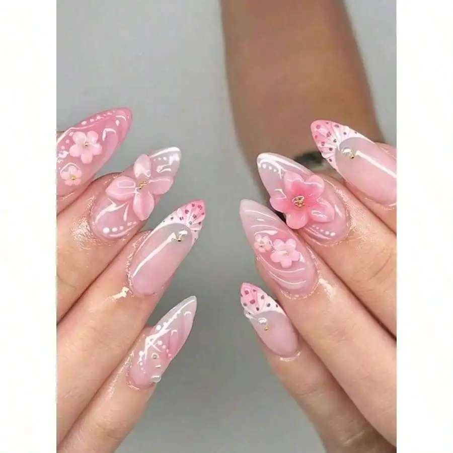 

24Pcs/Set French Almond Shaped Ocean Style Elegant 3D Fresh Lemon Flower Gradient Polka Dot Sweet Press-On Full Cover Fake Nails With 1Pc Jelly Gel And 1Pc Nail File, Adding A Romantic Touch To Make You Look Sweet, Suitable For Daily Dates Nail Supplies