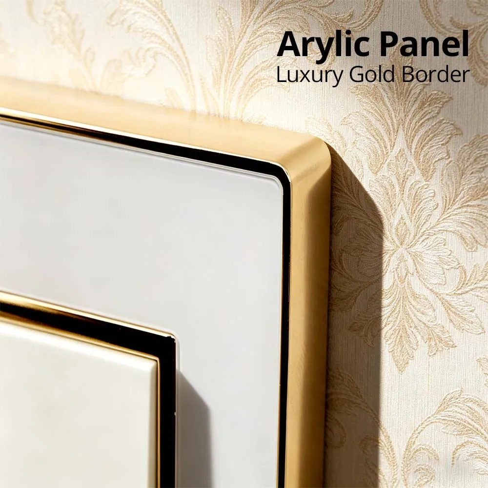 Wallpad White Acrylic Panel With Gold Border 2 Way Wall Light Switch With LED Indicator EU Electric Outlet With USB