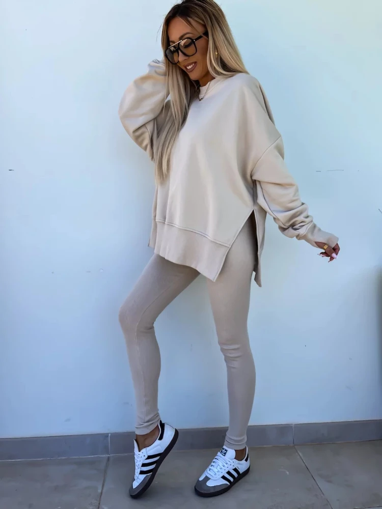 

2025 Autumn/Winter New Women's Casual Tight Pants Loose Hoodie Set Solid Color Two Piece Set New in Matching Sets