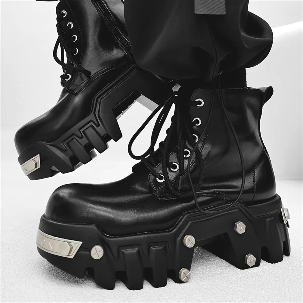 

Fashion Men Motorcycle Boots Lace-Up Niche Punk Style Thick Soled Gear Tank Boots Height Increasing 8 cm High Bottom Short Boots