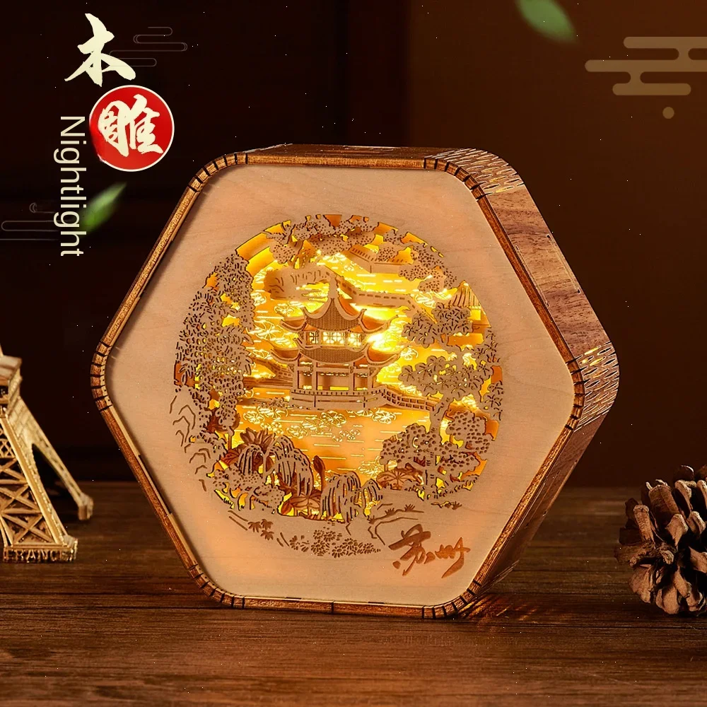 Merchandise gift wood carving lamp Guochao 3d night light decorative ornament table lamp scenic spot city enterprise logo gift