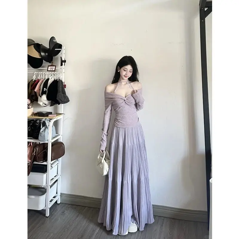 Women's Light Purple Off-Shoulder Twist Top Pleated Maxi Skirt Elegant Casual Skirt