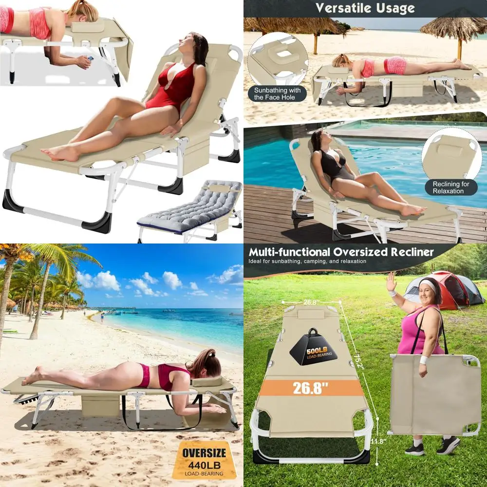 Składane krzesło leżakowe do użytku na zewnątrz, do opalania, z 5 pozycjami, otworem na twarz i przenośną konstrukcją.