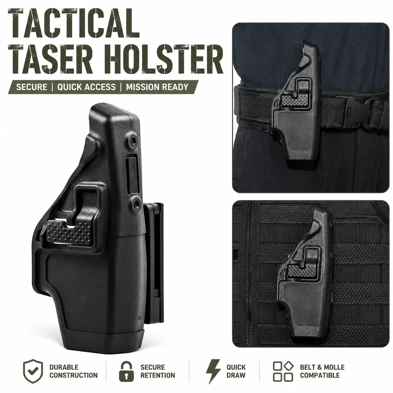 Funda Táctica para Taser X26 de Polímero, Extracción Rápida, Rotación de 360°, para Cinturón o Chaleco MOLLE, con Bloqueo de Liberación por Dedo Índice