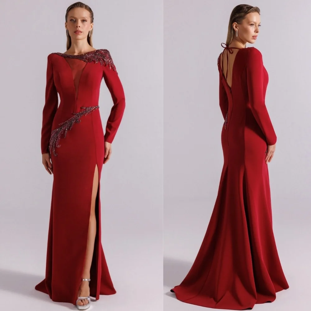 

Customized Chinese Style Jersey Sequined Pleat Trumpet Backless Long Dresses Bespoke Occasion Formal
