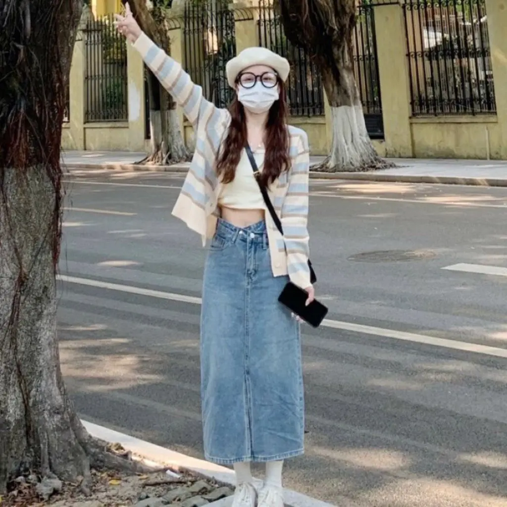 여성용 스트라이프 니트 가디건 재킷 초가을 얇은 부드러운 한국식 시크 짧은 긴 소매 탑