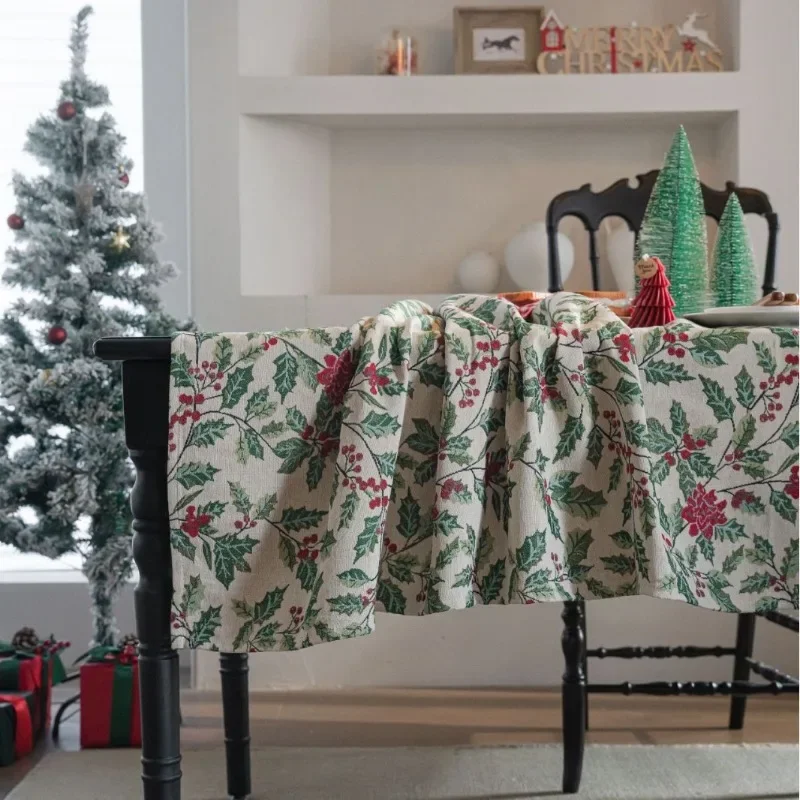 1PC Tablecloth Jacquard Christmas Contrast Holly Table Cloth Holiday Versatile Rectangle Home Decoration Home Textiles