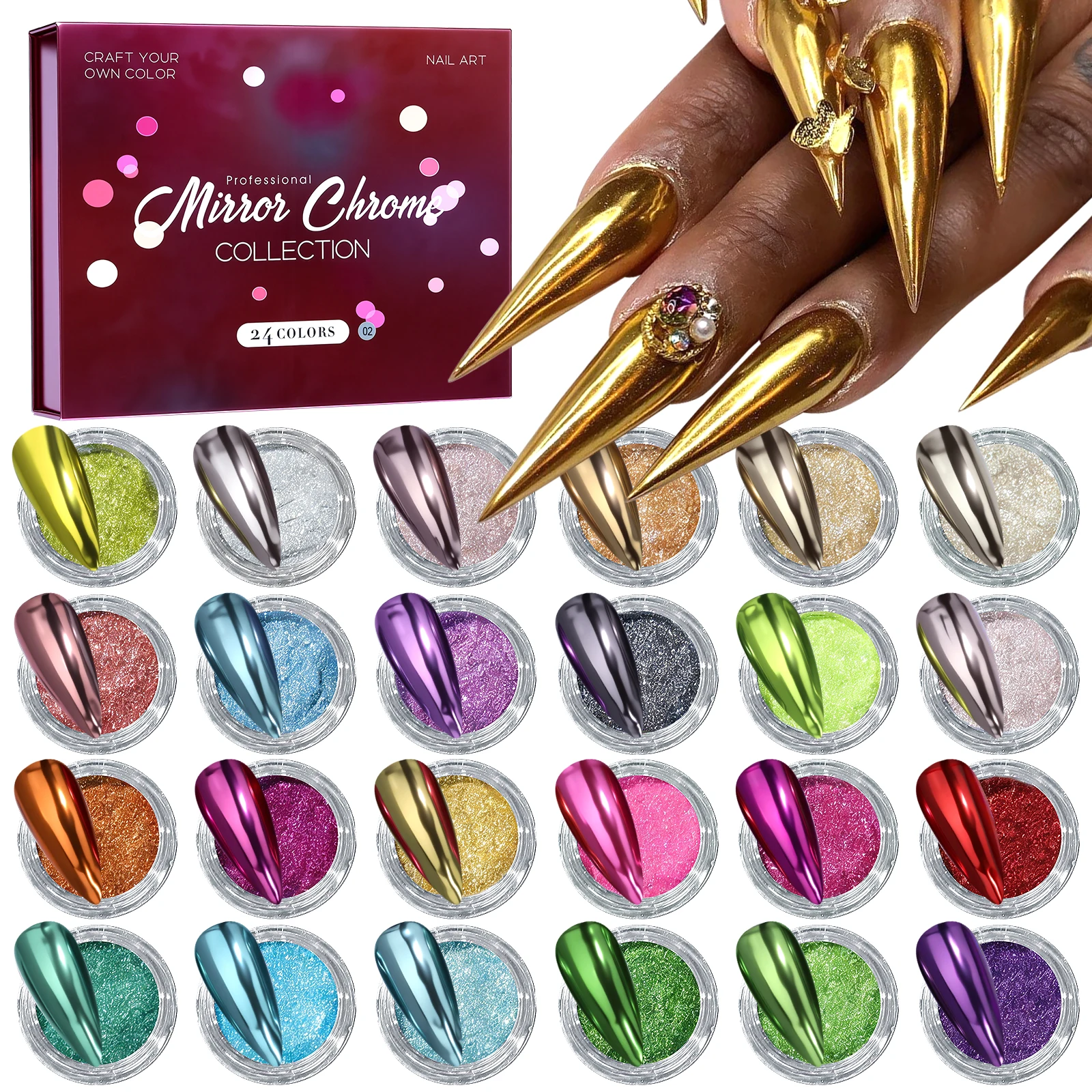 24 Colors/Box Mirror Chrome Nail Powder Set Super Mirror Effect Nail Pigment Metallic Chrome Nail Glitter for Acrylic Nails
