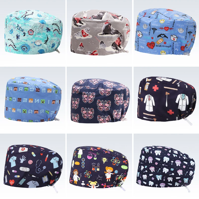 Digital Printing Dental Caps Pet Store Scrub Hats Sanitary Surgical Caps Adjustable Medical Hats Soft Clinic Nurse Hats K1063