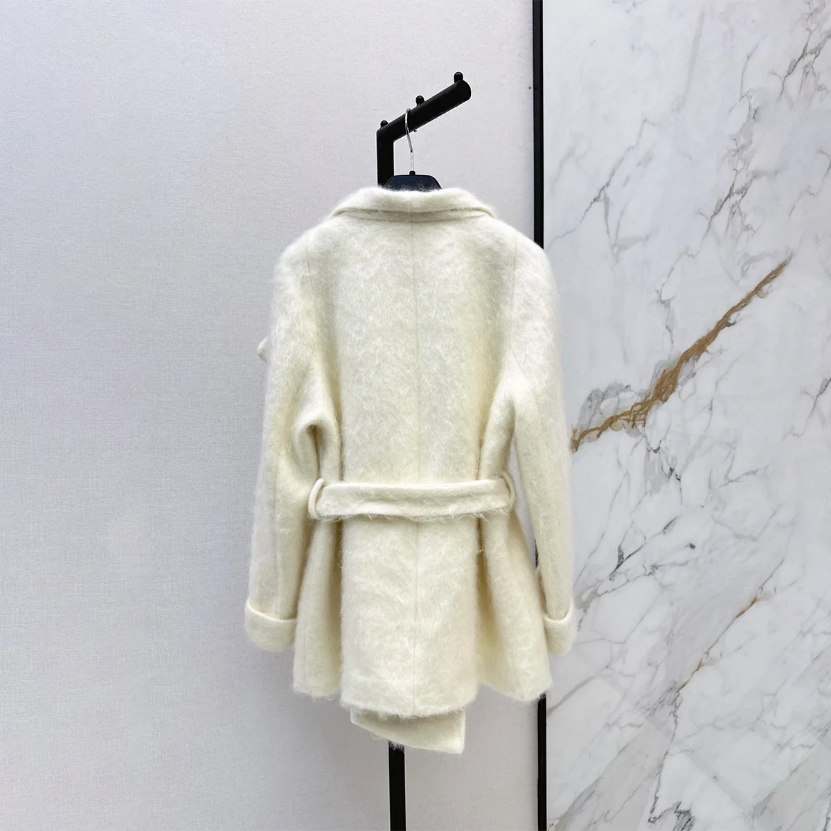 2026 Women Shawl Collar Fluffy Wool Blend Coat, Belted Waist Short Overcoat261021123