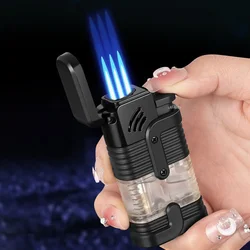 Three Flame Cigar Lighter Windproof Powerful Straight Fire Jet Lighters With Cigar Clippers Transparent Body Butane Gas Lighter