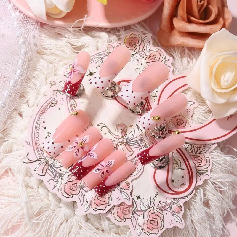 24Pcs Reusable Long Coffin Press On Nails With Cute Floral Pattern And Red Polka Dot Design Perfect For Dating Parties Weddings