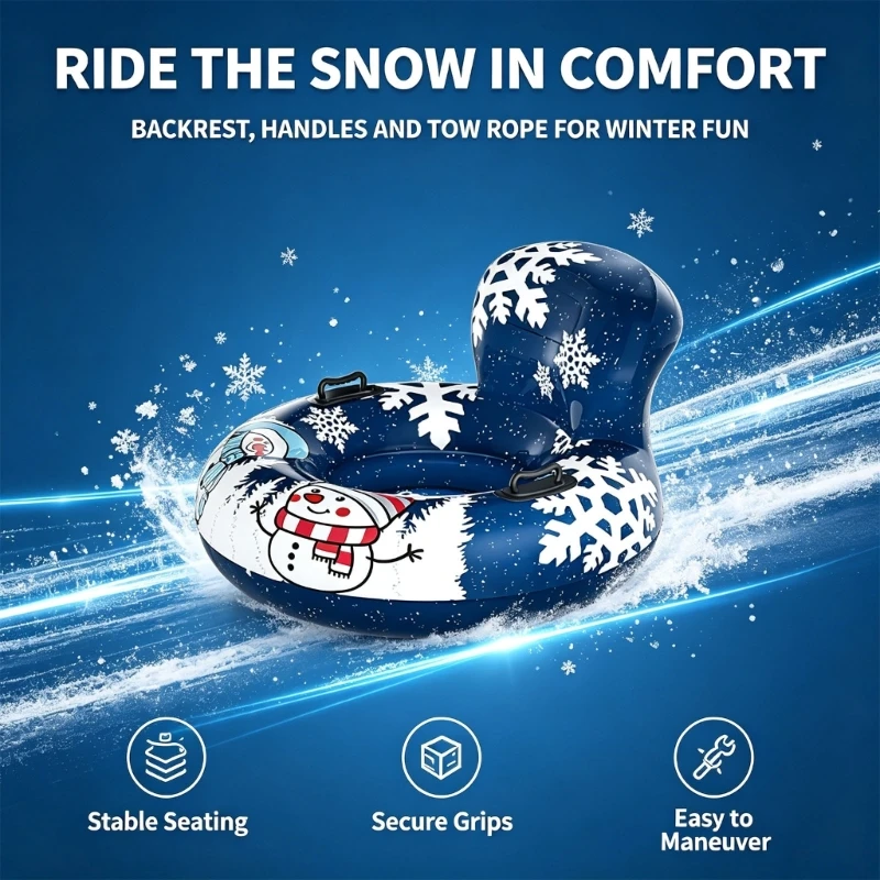 Inflatable Snow Tube with Integrated Backrest and 2 Handholds for Winter Use 69HD
