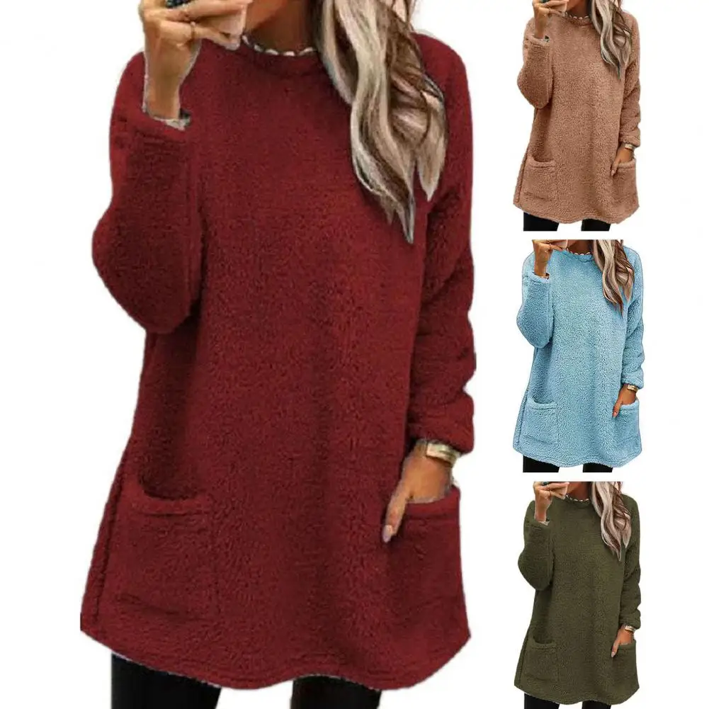 Women Round Neck Sweatshirt Cozy Plush Winter Sweatshirt with Dual Pockets for Women Stylish Mid Length Pullover Top for Office