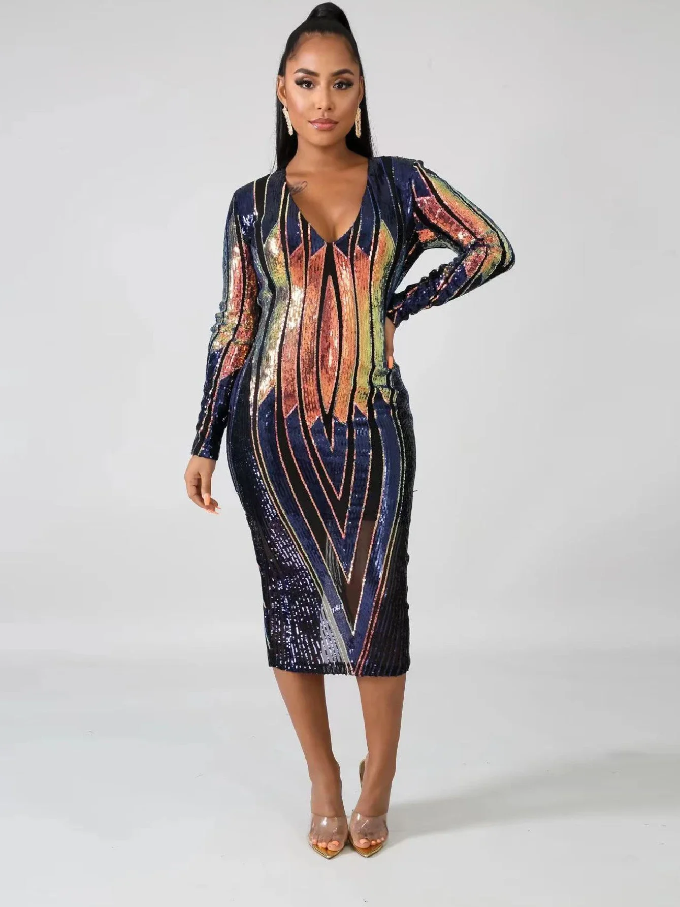 

Long Sleeve Sequined Wave Striped V-neck Bodycon Midi Birthday Autumn Sexy Evening Women Sexy Party Wedding Night Prom Dresses