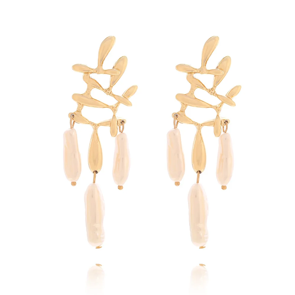 Fashion high sense hollow leaf imitation pearl earrings light luxury exquisite special-shaped baroque pearl earrings
