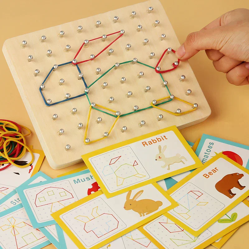 Juguetes Geoboard Montessori de madera, Geoboards manipulativos de tablero Geo para niños de 4, 5 y 6 años con tarjetas estampadas y bandas de goma
