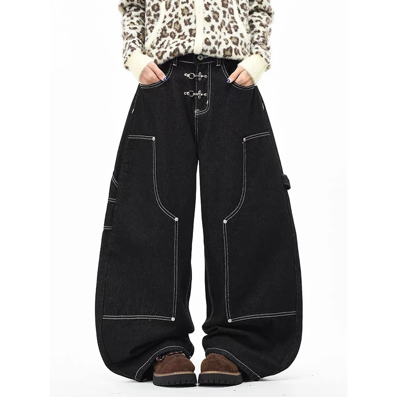 ZHIZOU Women's Black Gothic Y2k Cargo Jeans Vintage 2000s Hiphop Grunge American Style Jeans Pants Baggy Wide Leg Denim Pants