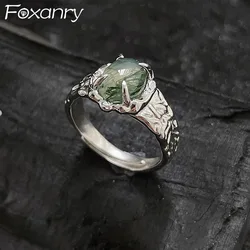 Foxanry Silver Color Green Agate Texture Rings For Women Girls Simple Vintage Elegant Temperament Party Jewelry Accessories Gift