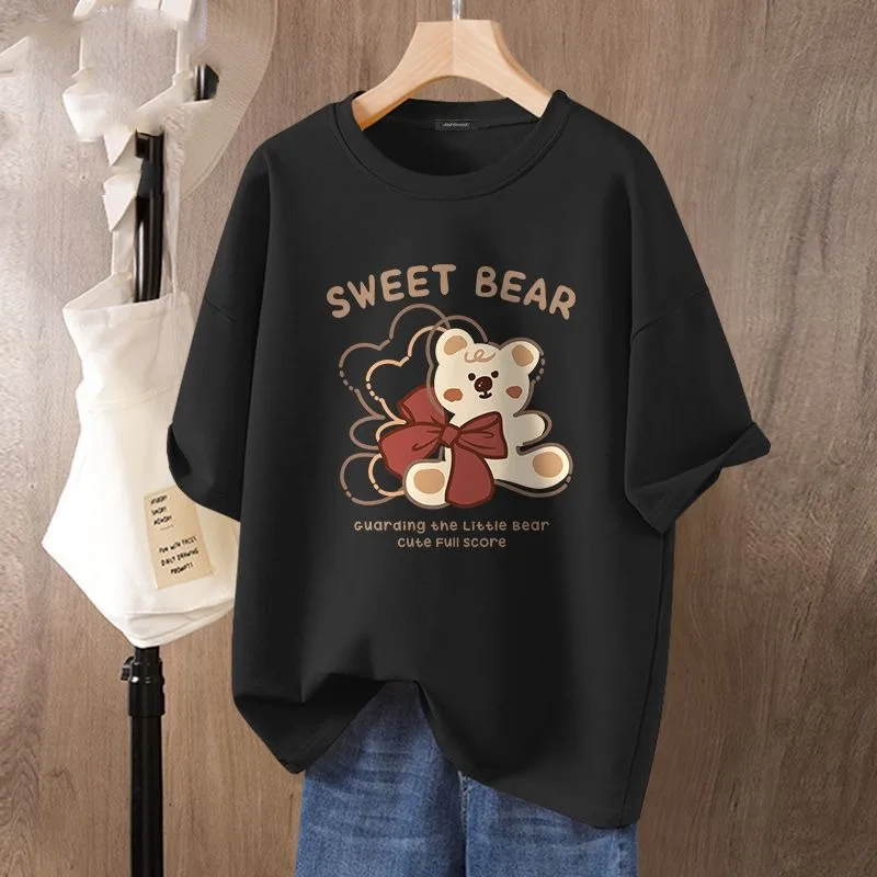 Women Clothing Cartoon Letter Printed Basic T-shirt, Vintage Loose Casual O-neck Pullovers, Summer Fashion Short Sleeve Top Tee