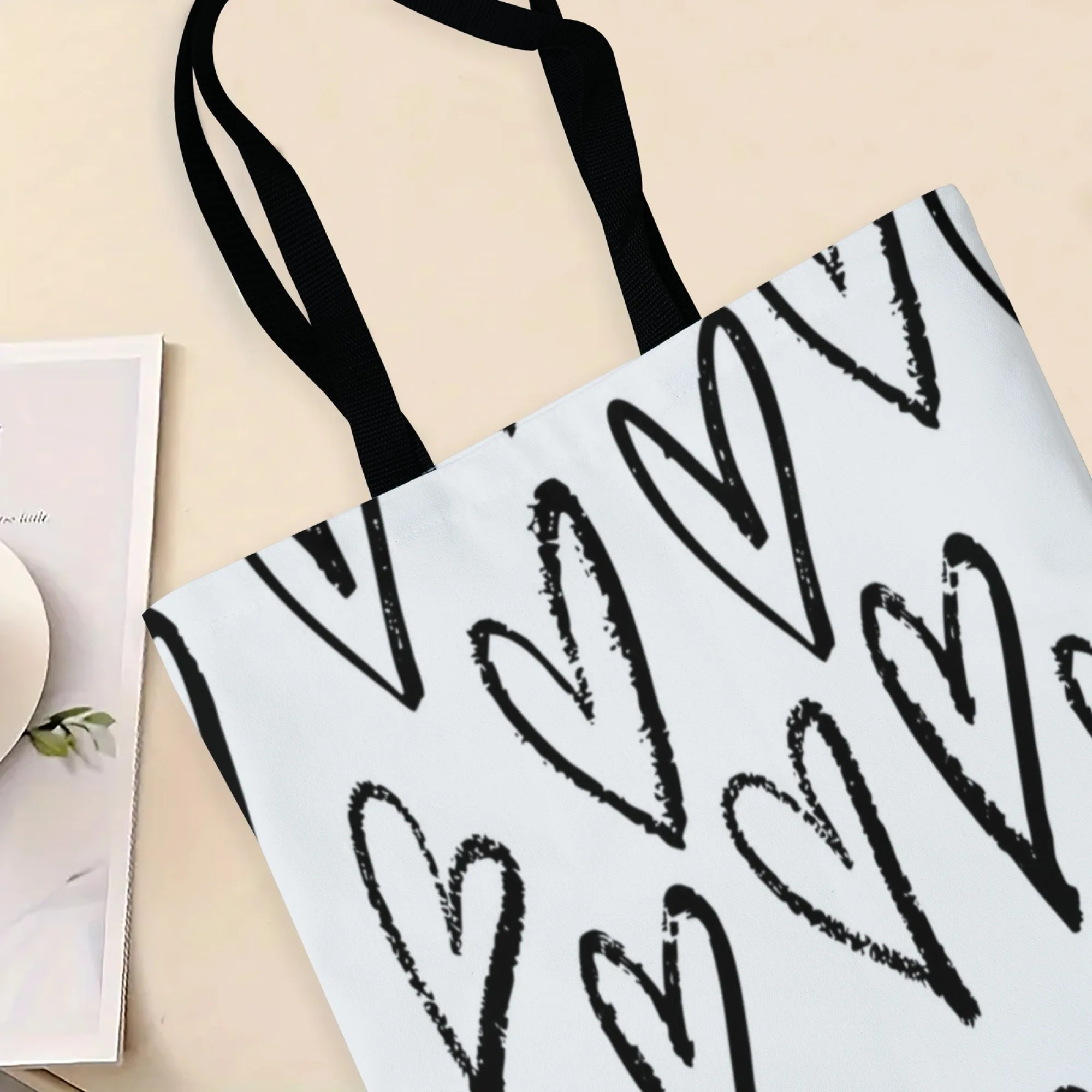 Graffiti Heart Style Women Canvas Tote Bag Lack & White Brush Stroke Heart Large Reusable Shopping Bag for Daily Romantic Trips