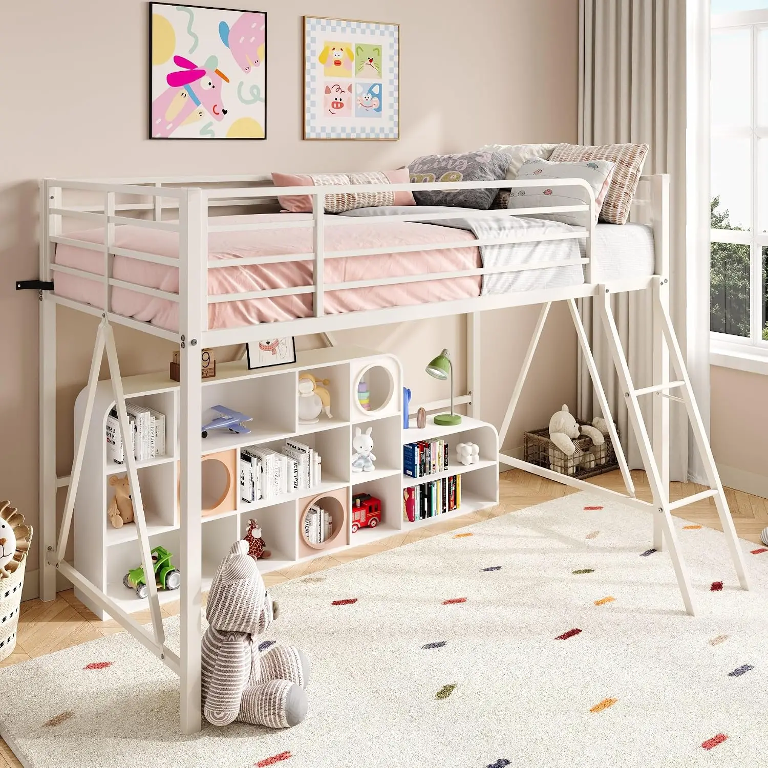 SHA CERLIN Twin Size Metal Low Loft Bed, CPC Safety Certified, White