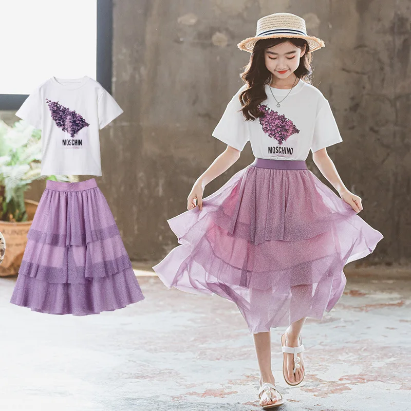 

Korean Summer Children Girl 2PCS Clothes Set Junior Girl Printed T-shirt Kids Girl Gauze Cake Skirt School Gir Sweet Suit 2024