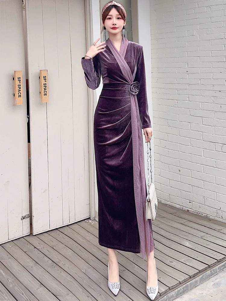 

Gold Velvet Long Sve Women's Dr Slim Fit Waist Cinched Bodycon Inner Wear Autumn Winter V Ne Casual Sle Long Dr