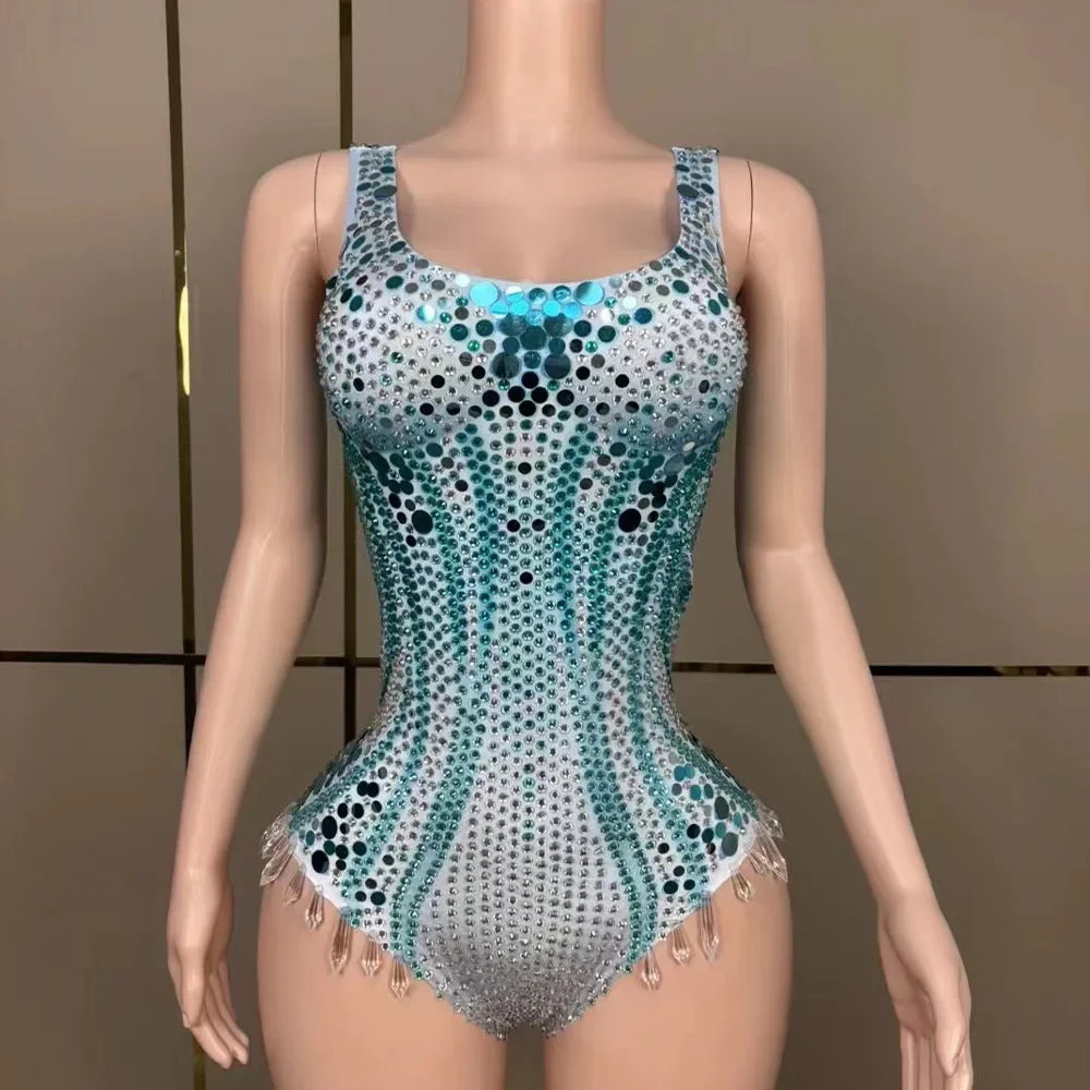 

Women Sexy Stage Blue Rhinestones Sequins Leotard Evening Birthday Celebrate Bodysuit Costume Performance Dance Crystals Outfit