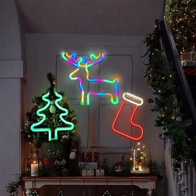 

Christmas Neon Light With Christmas Sock/Elk Pattern Lights Sign Battery Powered/USB Wall Hanging Night Light For Home Decor