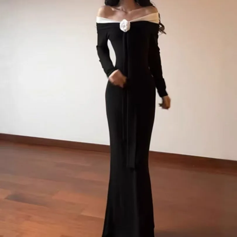Black White Contrast Color One Shoulder 3D Flower Women's Dress Hepburn Style Slimming Date Evening Gown Long Skirt