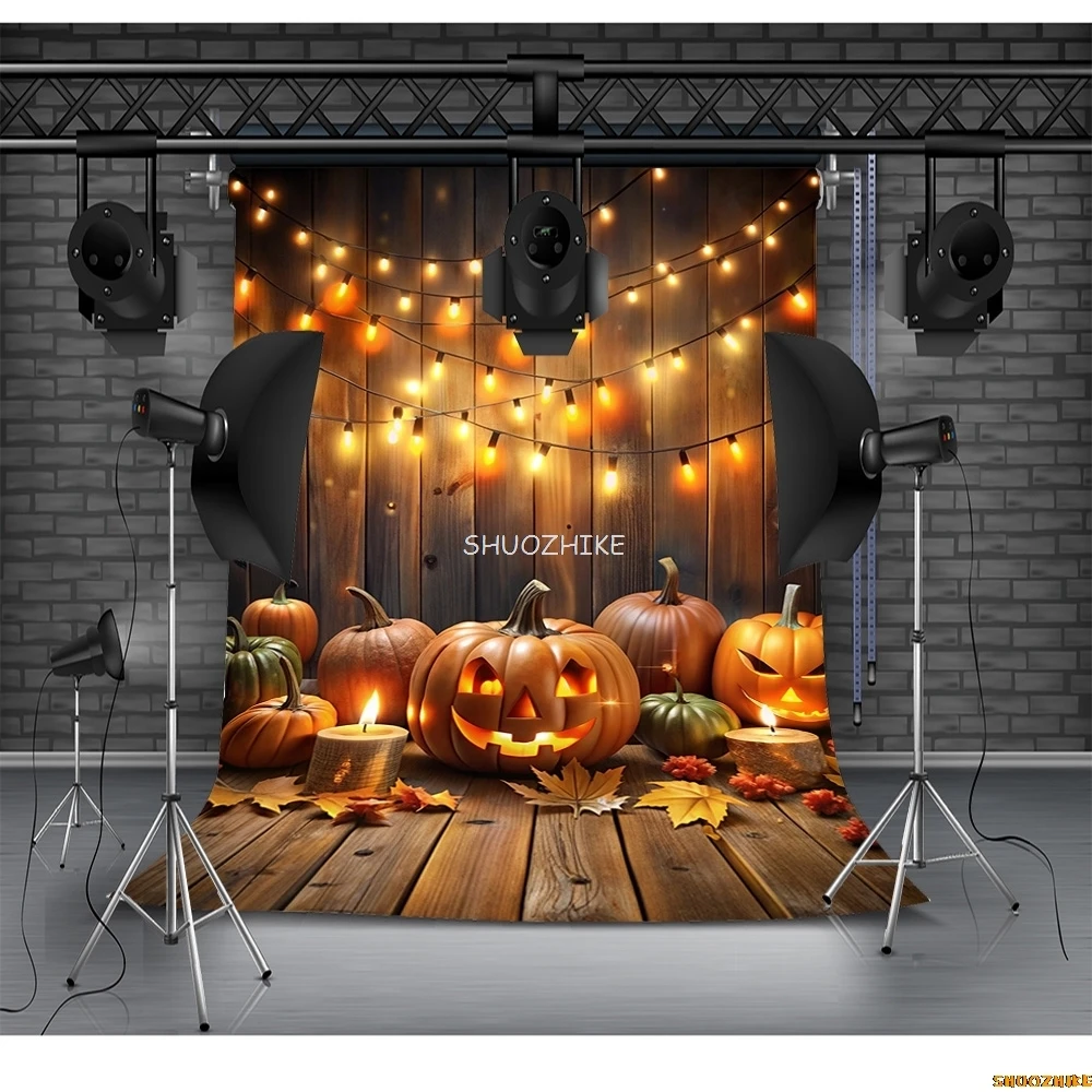 

Halloween Day Autumnal Pumpkins Photography Backdrops Props Maple Leaf Scarecrow Farm Harvest Thanksgiving Background GE-26