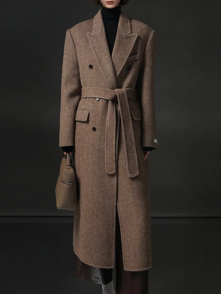 معطف نسائي طويل بني مزدوج الصدر من ZMEENNA معطف طويل برباط ذاتي وحزام من مزيج الصوف مناسب ملابس خارجية شتوية ZM4533