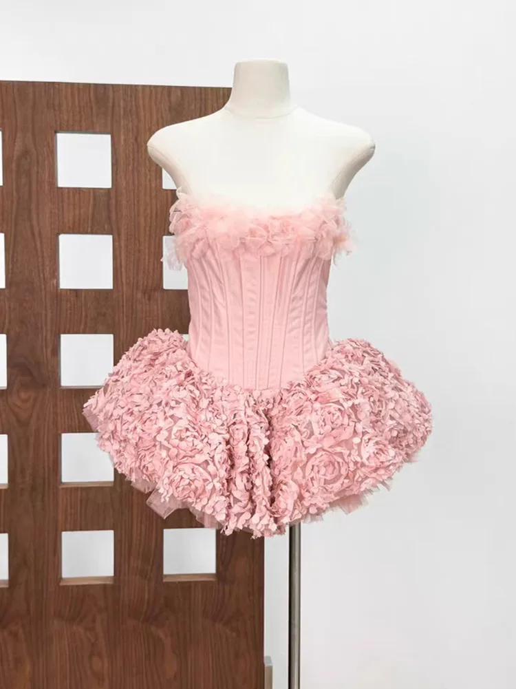 DEAT mode rose 3D floraison robe sans bretelles femmes mince arête de poisson taille Contraction Mini robe de bal robes nouveau