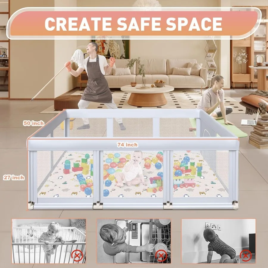 روضة أطفال كبيرة مقاس 74 × 50 بوصة مع قلم لعب للأطفال الرضع والأطفال الصغار ياردات لعب للأماكن الداخلية والخارجية مع بوابات سحاب للتنفس #4