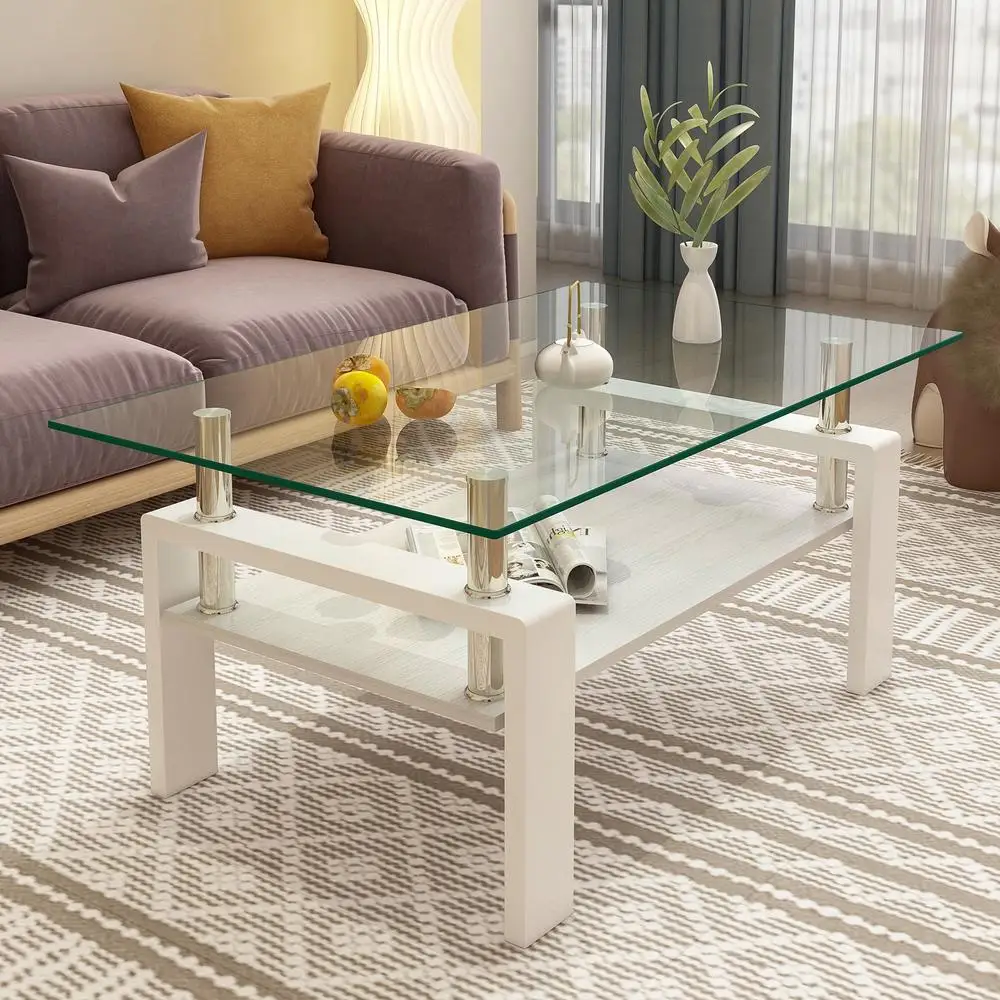 

Modern Rectangle Coffee Table Transparent Tempered Glass Tabletop with MDF Storage Layer Durable Iron Legs 39.2"L