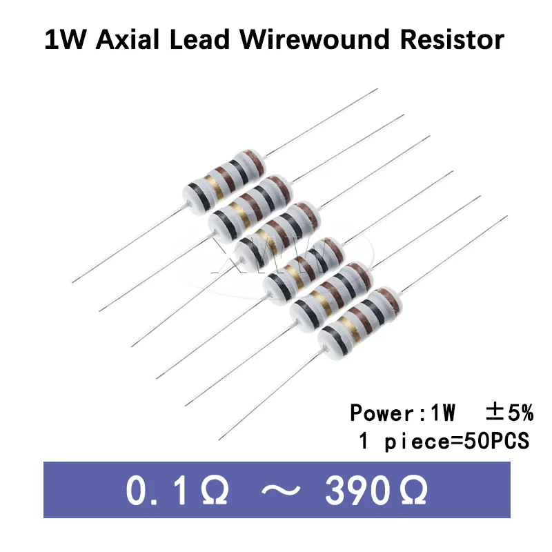 50pcs 1W 5% Wire Wound Resistor Fuse Resistor, 0.1R‑390Ohm Low Resistance Current Limiting Winding Resistance, 4.7Ω 0.22Ω 100Ω