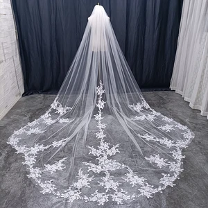 New Long Wedding Veil With Comb 1 Tier Soft Tulle Scalloped Lace Floral Elegant Bridal Veils White Ivory Custom Veil 300cm 4M 5M