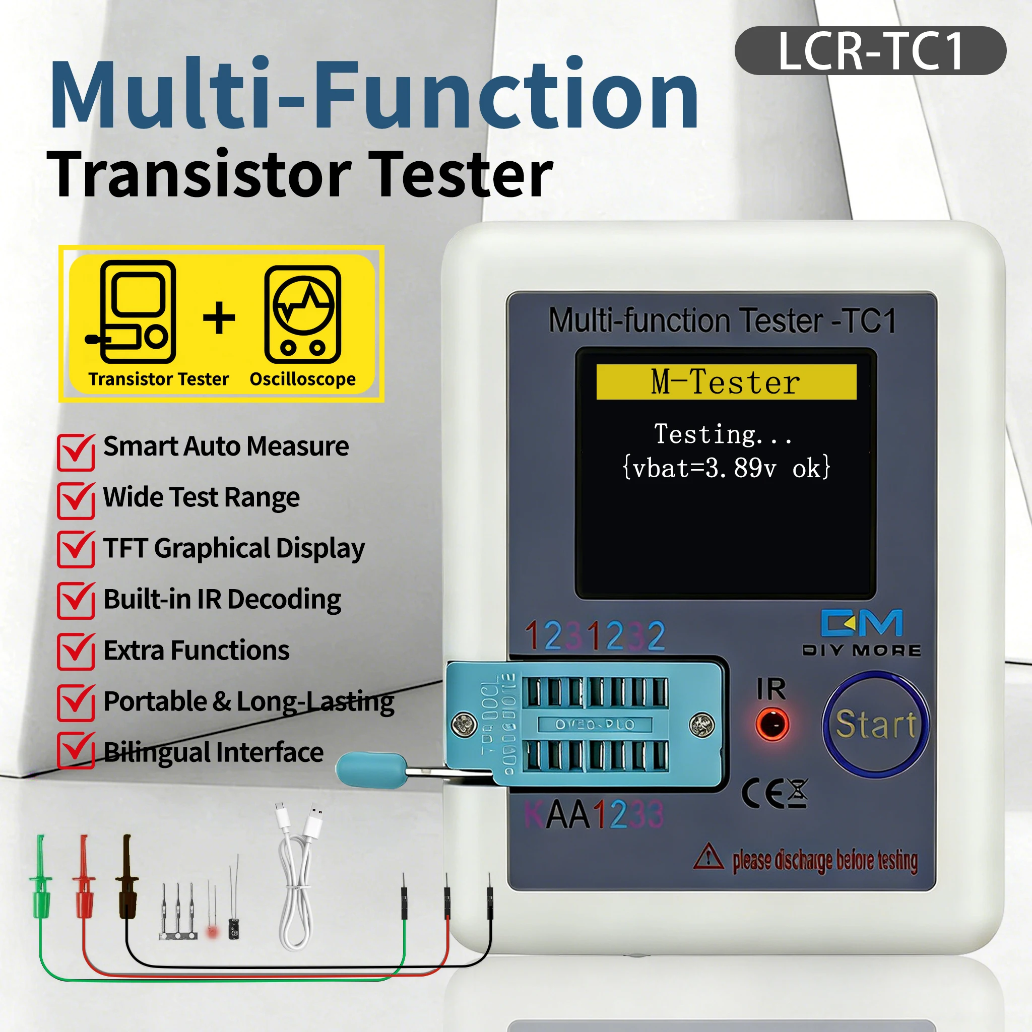 TC1 Multifunction Component Tester with TFT Color Display, Transistor Diode Capacitor Resistor Inductor IR Decoder Tool USB