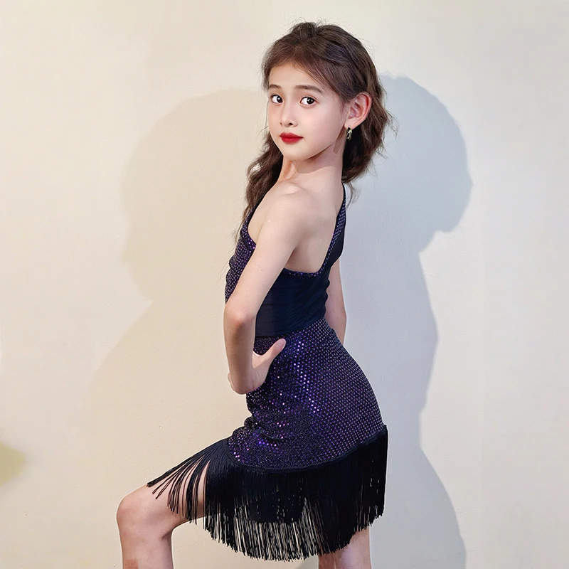 Shiny Purple One Shoulder Backless Bodysuit and Tassels Skirt Children Latin Dancewear Kids Girls Training Competition Costume