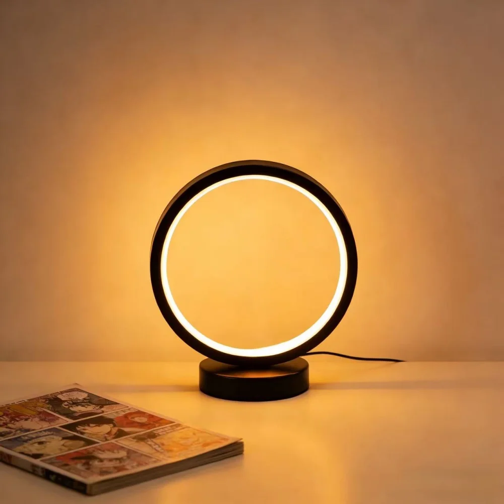 Nordic Style LED Table Lamp 5VUSB Plug Three Tone Light Circular Atmosphere Wrought Iron Design for Bedroom Study