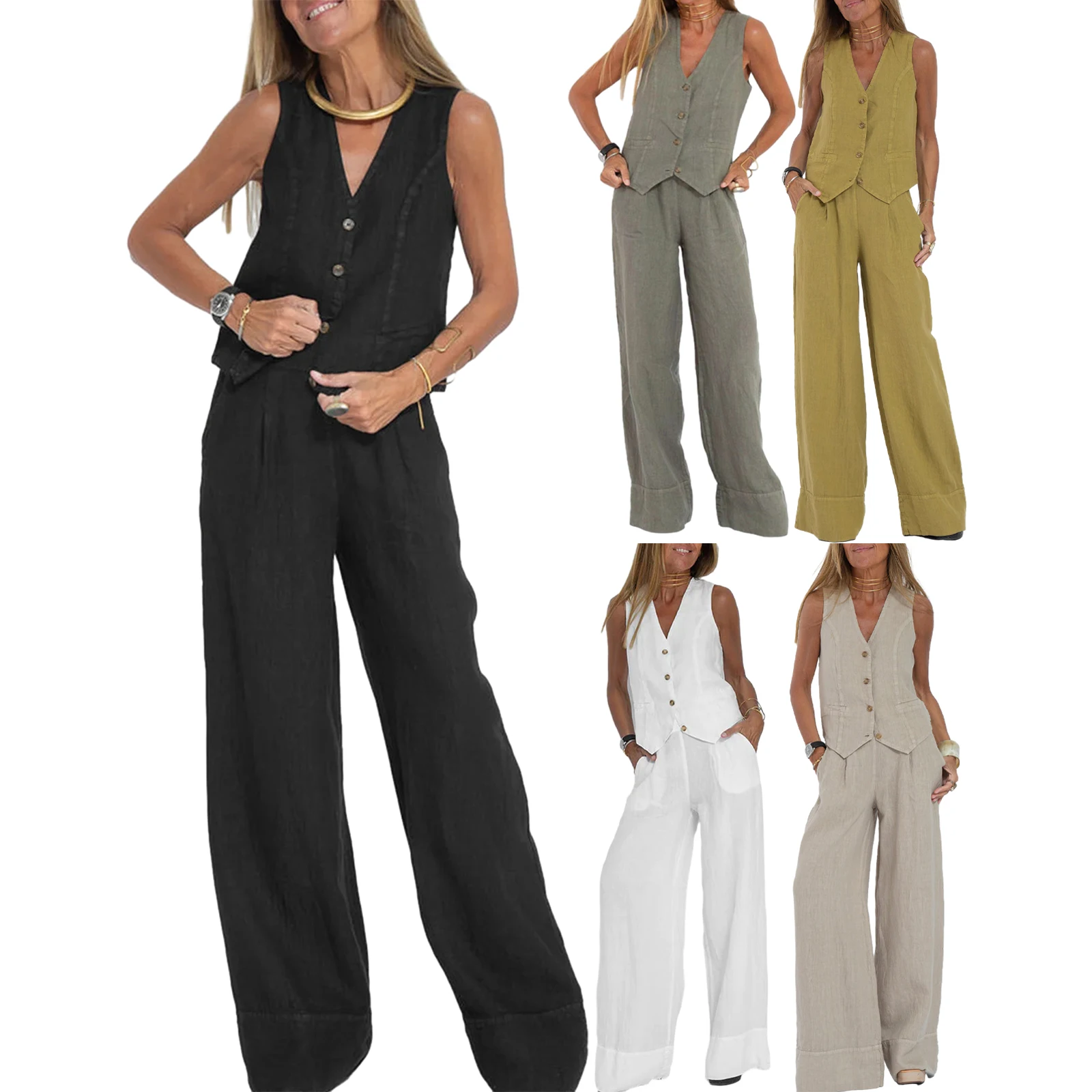 Women Cotton and Linen Suit 2 Piece Outfits Solid Color Button Tank Tops and Wide Leg Pants Set Streetwear Aesthetic Clothes