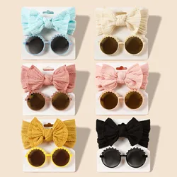 2pcs Kids Beach Round Frame Sunglasses Children Outdoor Hair Accessories Girls Jacquard Bow Headband Fashion Glassess Set