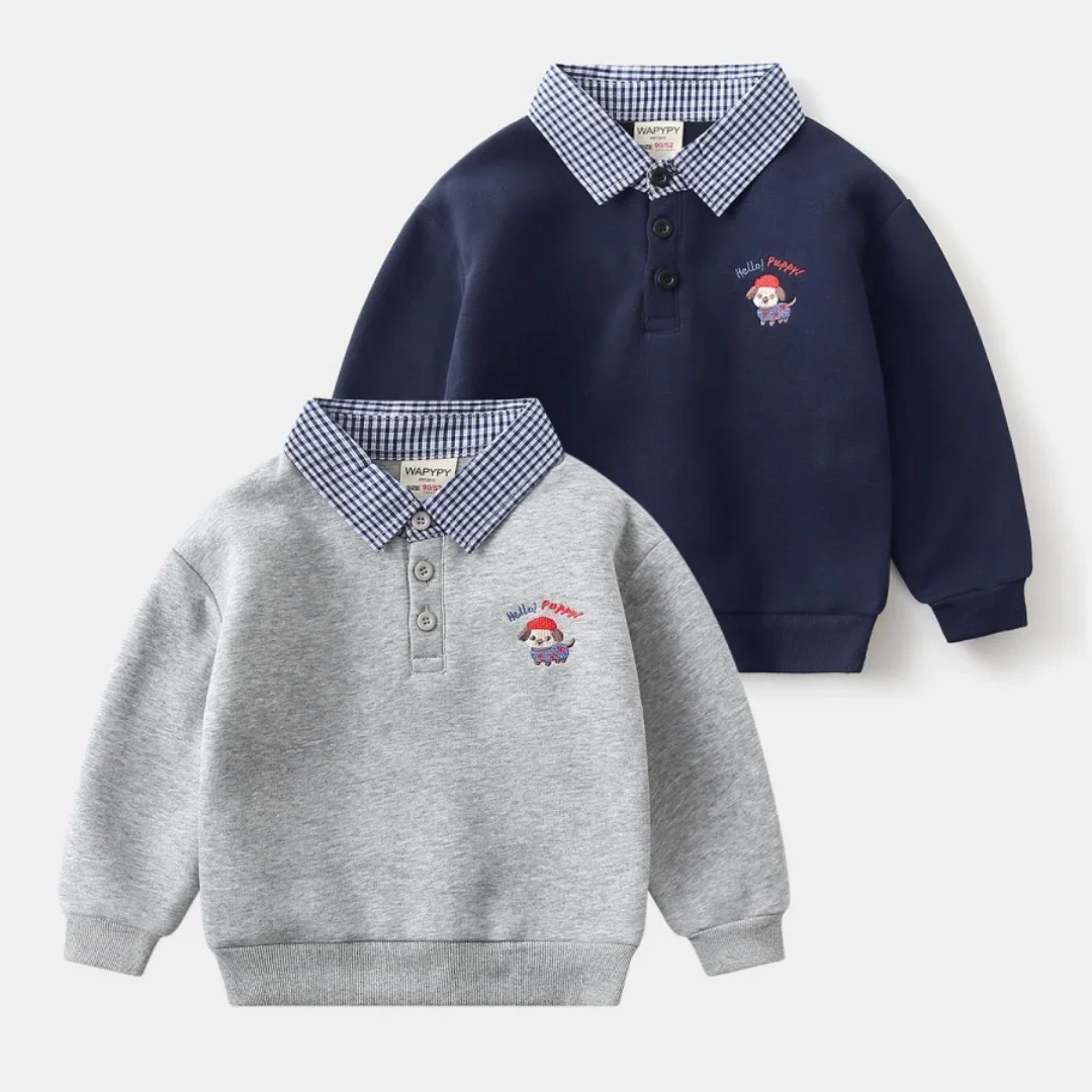 Spring Kids Boys 2-6Y Faux Two-Piece Sweatshirt Plaid Collar Cartoon Embroidery Button Placket Comfortable Children's Clothing